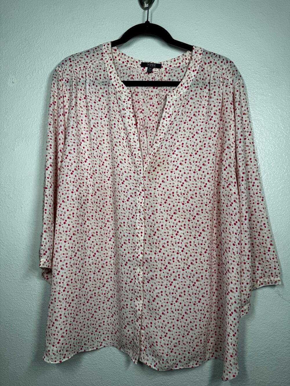 NYDJ Sprinkle Dots Polka Blouse Top White Pink Sz 2X 3/4 Sleeve